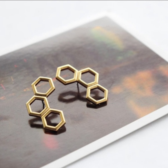 Gold Tone Geometric Hexagon Earrings - Picture 4 of 5